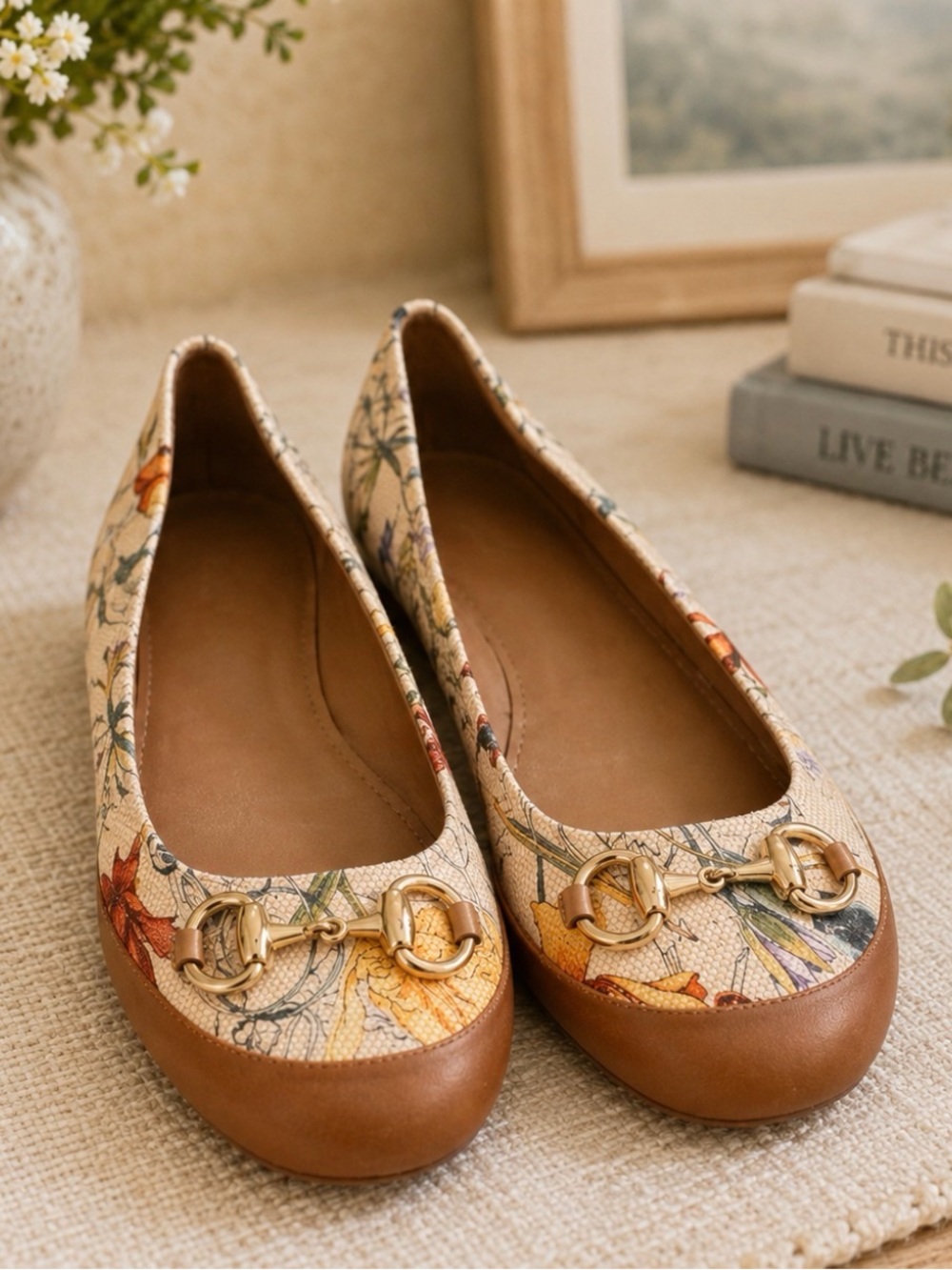 Gucci Floral print horsebit leather and canvas ballet flats 36.5/6.5